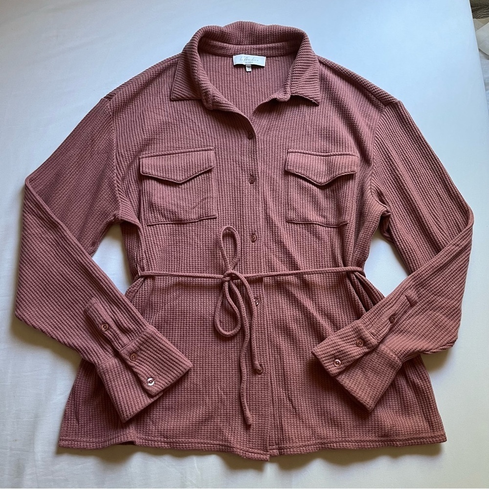 L’academie dusty rose pink waffle‎ thermal knit button up belted long sleeve top